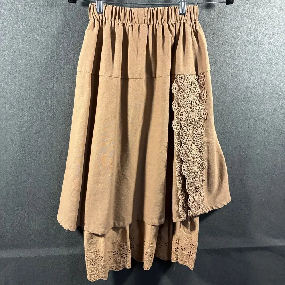 women midi skirt XS brown forest fairy cottagecore crochet eyelet‎ lace tiered